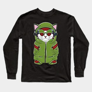 Cute Cartoon Cat in a Hoodie: Stylish Feline Vibes Long Sleeve T-Shirt